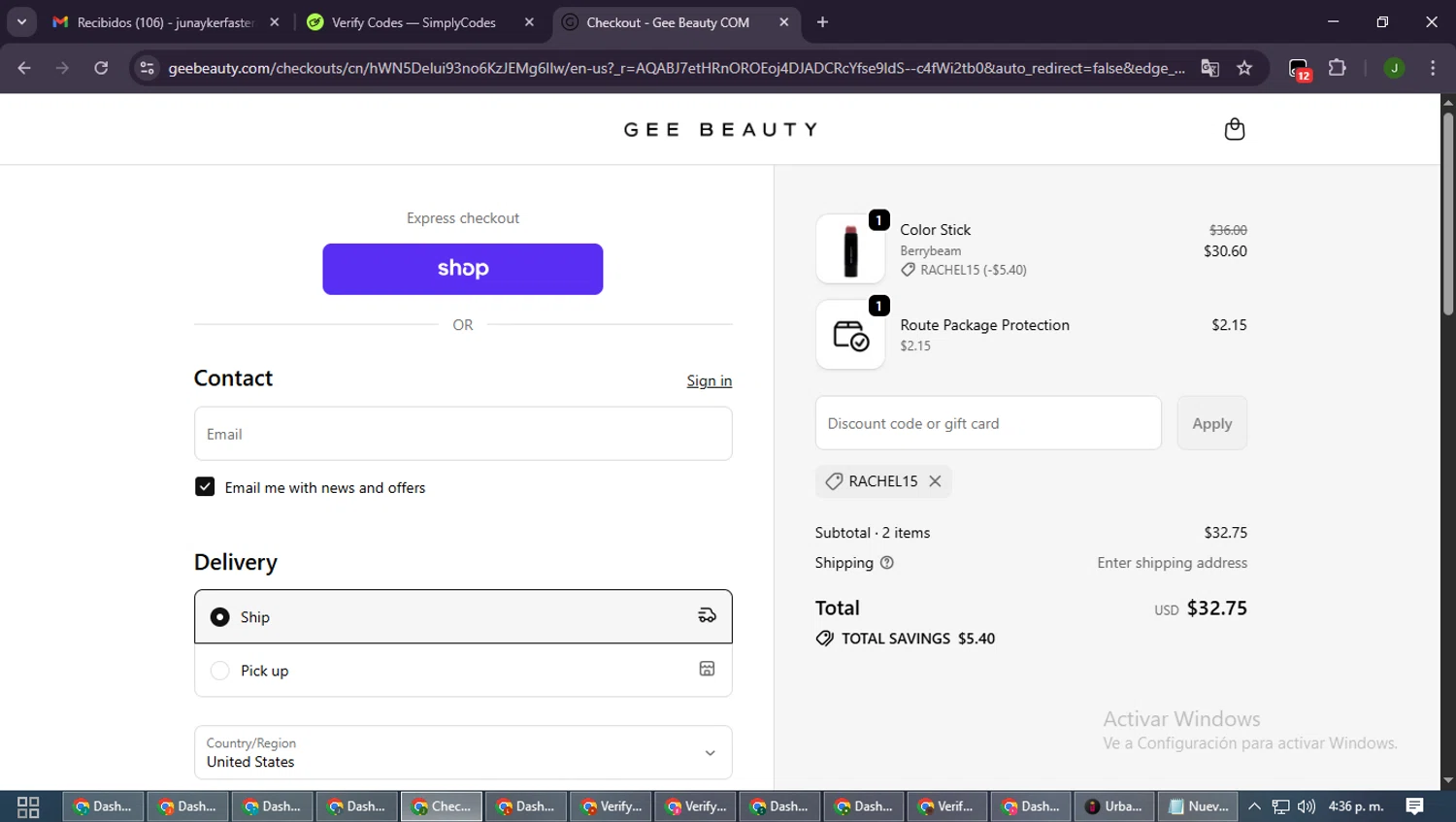 GEE Beauty promo code screenshot showing code RACHEL15 applied at GEE Beauty checkout page. Uploaded by SimplyCodes community member SmartLion6646 on Nov 12, 2025