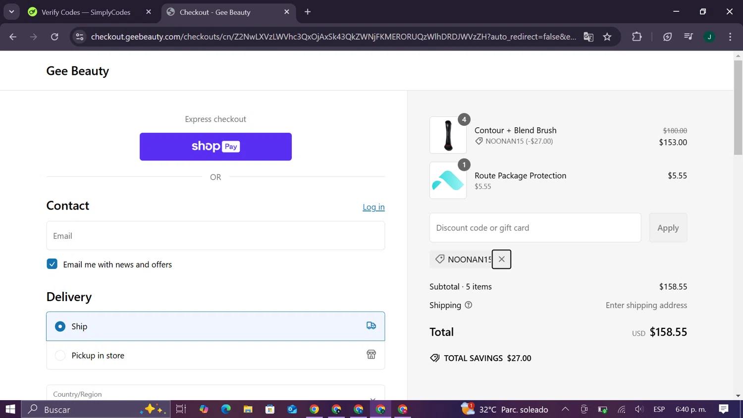 GEE Beauty promo code screenshot showing code NOONAN15 applied at GEE Beauty checkout page. Uploaded by SimplyCodes community member CleverElite8110 on Feb 28, 2025