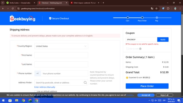 GeekBuying checkout page showing GeekBuying promo code box | Screenshot taken by SimplyCodes community member on Aug 29, 2025