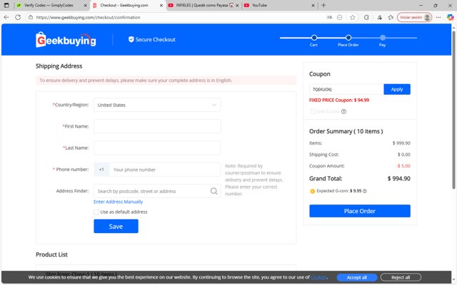 GeekBuying checkout page showing GeekBuying promo code box | Screenshot taken by SimplyCodes community member on Aug 29, 2025