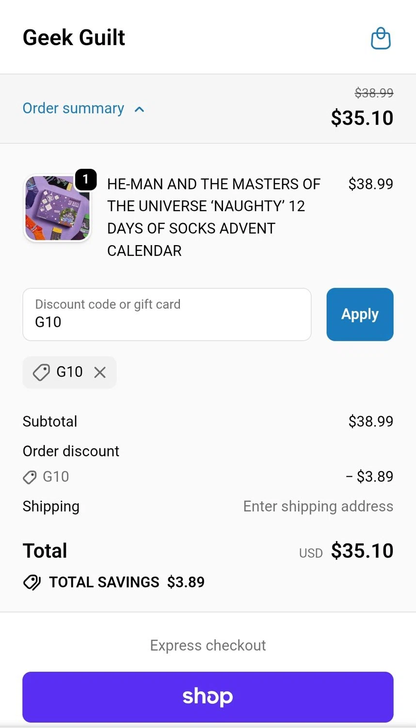 Geek Guilt promo code screenshot showing code G10 applied at Geek Guilt checkout page. Uploaded by SimplyCodes community member JuanMonge on Oct 10, 2025