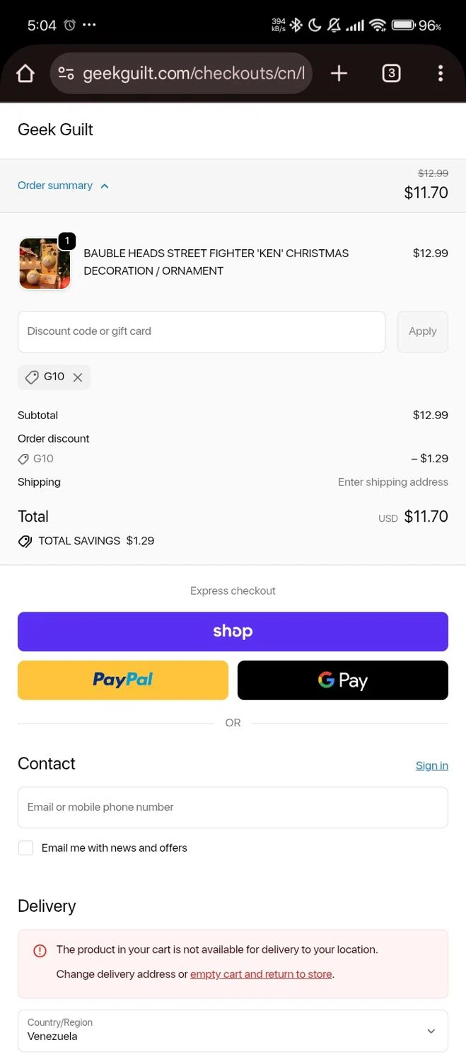 Geek Guilt promo code screenshot showing code G10 applied at Geek Guilt checkout page. Uploaded by SimplyCodes community member chinito on Nov 2, 2025