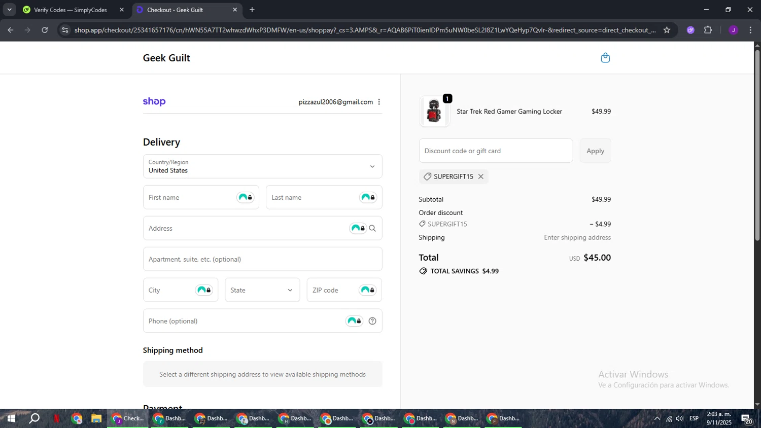 Geek Guilt promo code screenshot showing code supergift15 applied at Geek Guilt checkout page. Uploaded by SimplyCodes community member ComeBurra123 on Nov 9, 2025