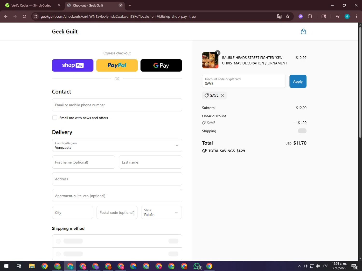 Geek Guilt promo code screenshot showing code SAVE applied at Geek Guilt checkout page. Uploaded by SimplyCodes community member GloriousTiger3507 on Jul 27, 2025