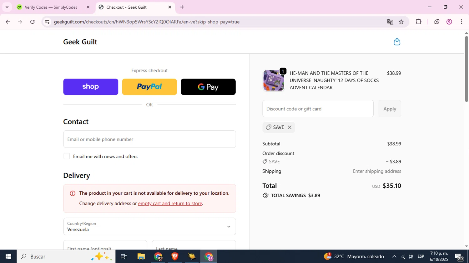 Geek Guilt promo code screenshot showing code SAVE applied at Geek Guilt checkout page. Uploaded by SimplyCodes community member TokenAce5969 on Oct 6, 2025