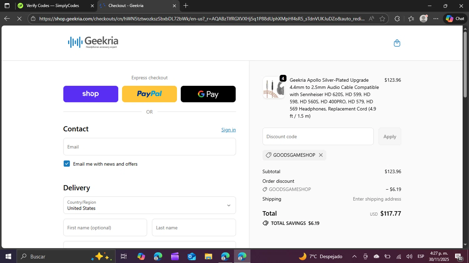 Geekria discount code screenshot showing code GOODSGAMESHOP applied at Geekria checkout page. Uploaded by SimplyCodes community member swiftie on Nov 30, 2025