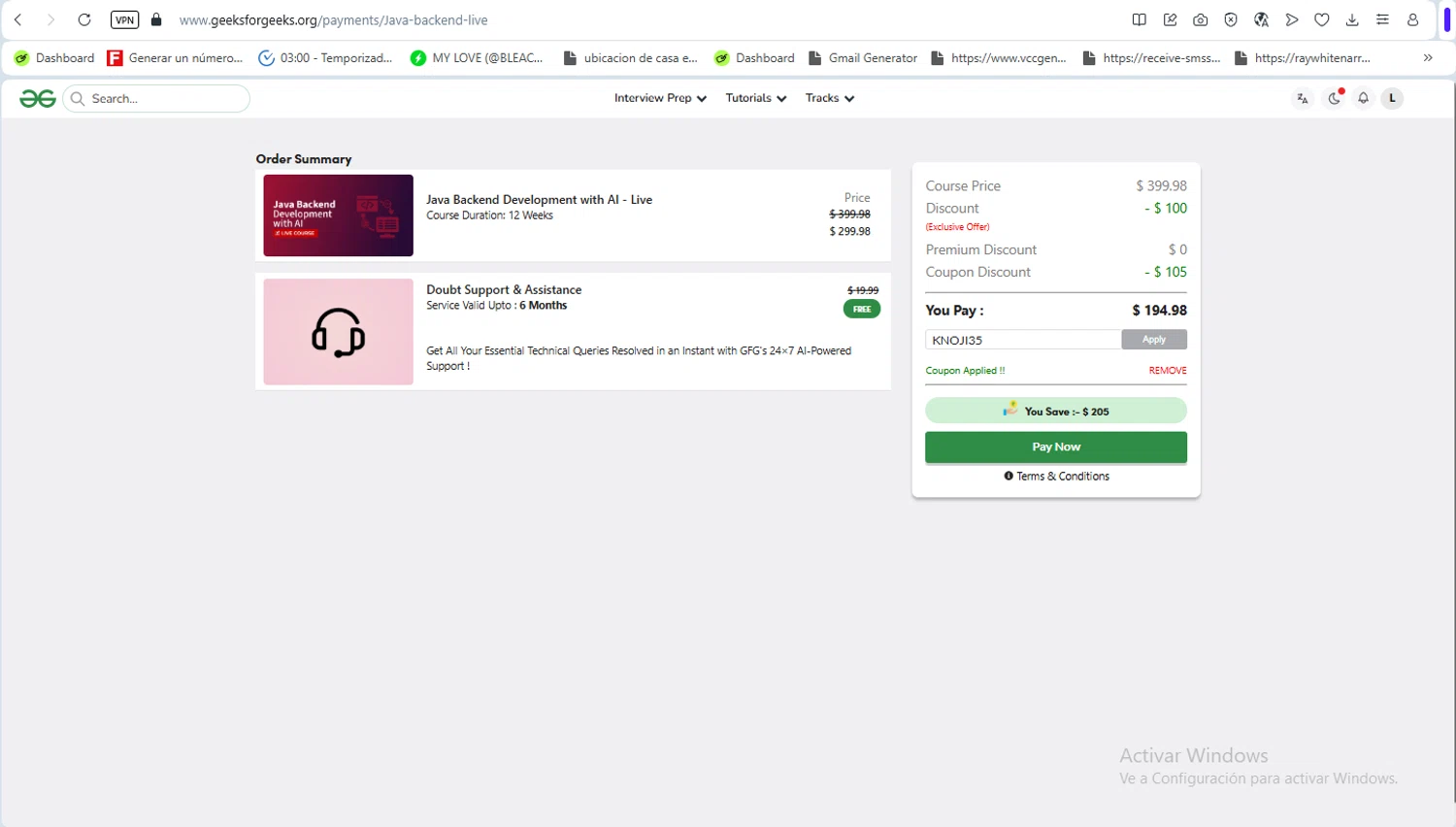 GeeksforGeeks checkout page showing GeeksforGeeks coupon code box | Screenshot taken by SimplyCodes community member on Dec 15, 2025