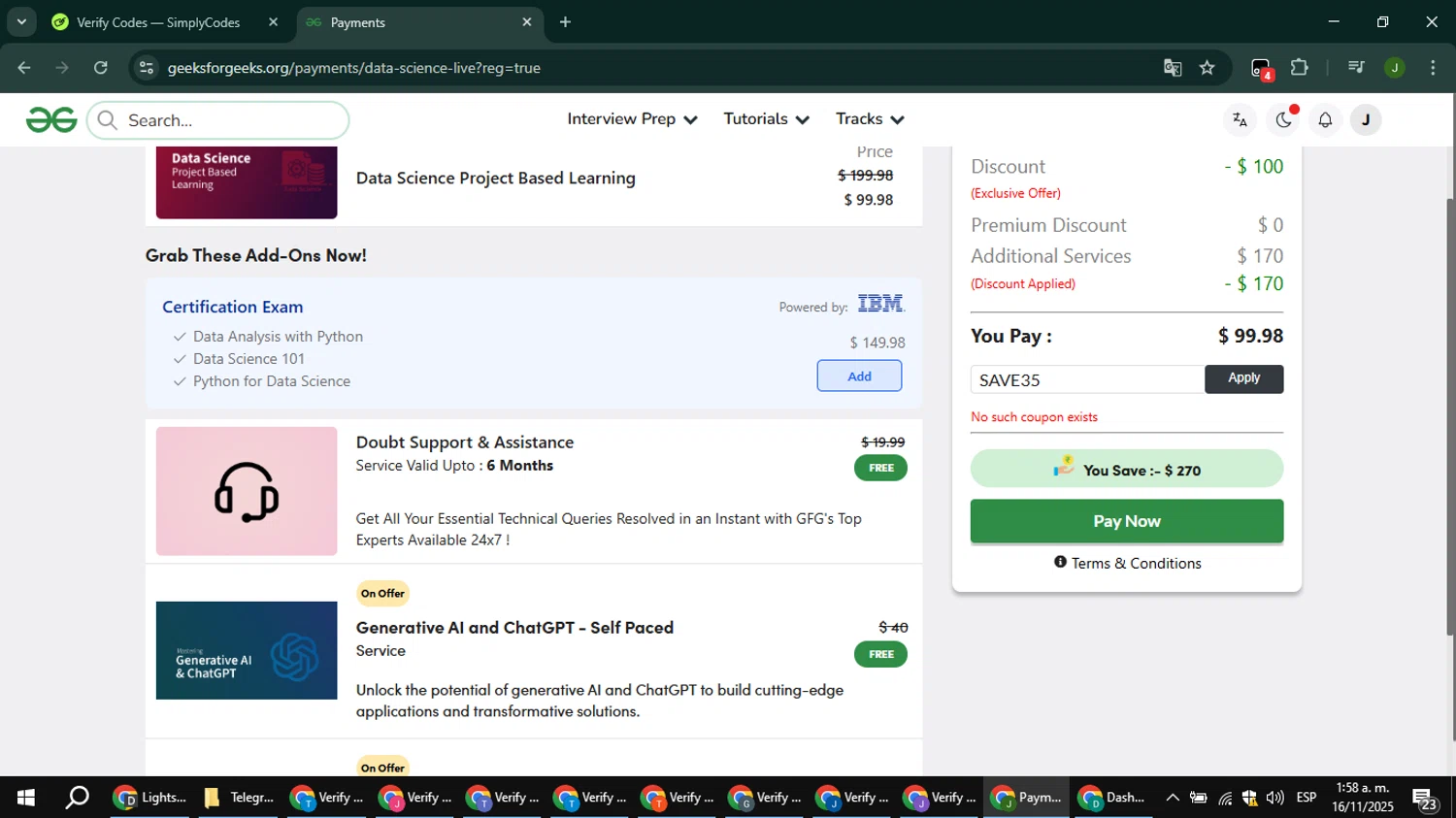 GeeksforGeeks coupon code screenshot showing code SAVE35 applied at GeeksforGeeks checkout page. Uploaded by SimplyCodes community member ShieldFinder369 on Nov 16, 2025