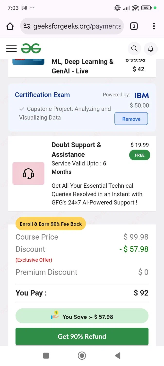 GeeksforGeeks checkout page showing GeeksforGeeks coupon code box | Screenshot taken by SimplyCodes community member on Jan 13, 2026