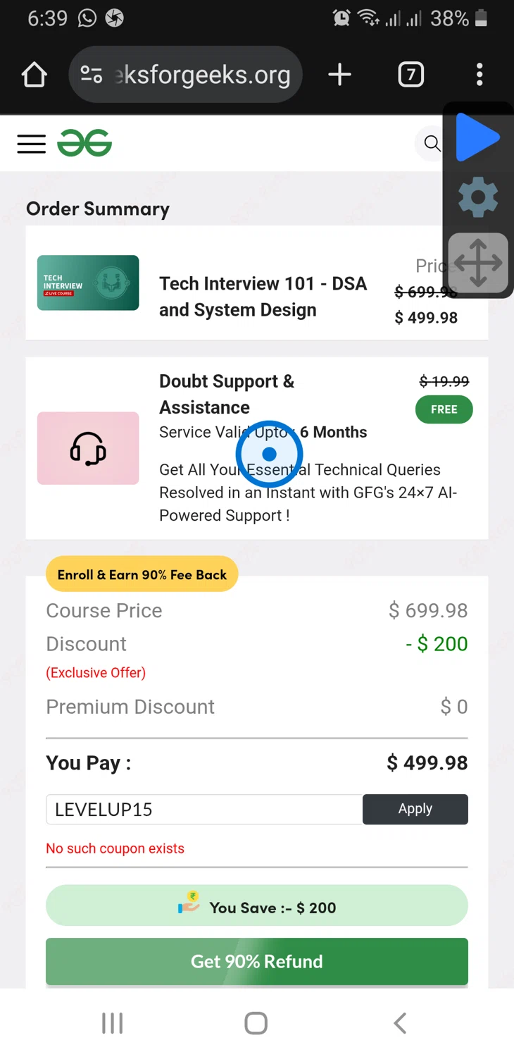 GeeksforGeeks coupon code screenshot showing code LEVELUP15 applied at GeeksforGeeks checkout page. Uploaded by SimplyCodes community member TreasureLynx6841 on Jan 13, 2026