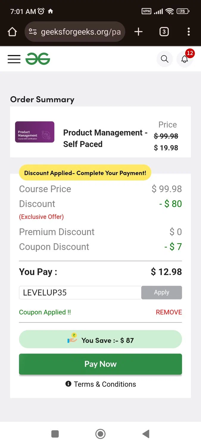 GeeksforGeeks checkout page showing GeeksforGeeks coupon code box | Screenshot taken by SimplyCodes community member on Dec 24, 2025