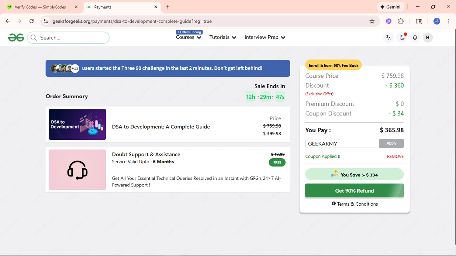 GeeksforGeeks checkout page showing GeeksforGeeks coupon code box | Screenshot taken by SimplyCodes community member on Jan 25, 2026