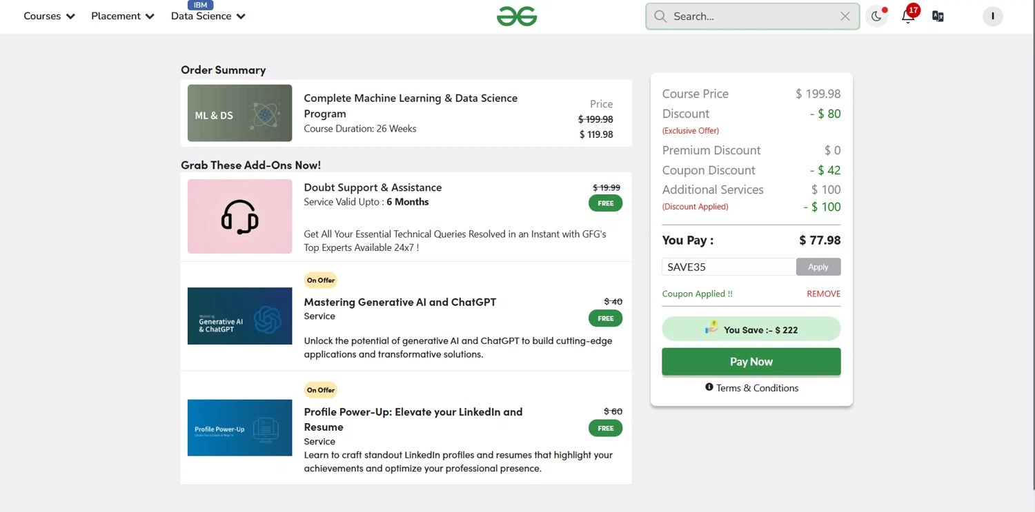 GeeksforGeeks coupon code screenshot showing code SAVE35 applied at GeeksforGeeks checkout page. Uploaded by SimplyCodes community member Depressive on Aug 30, 2025