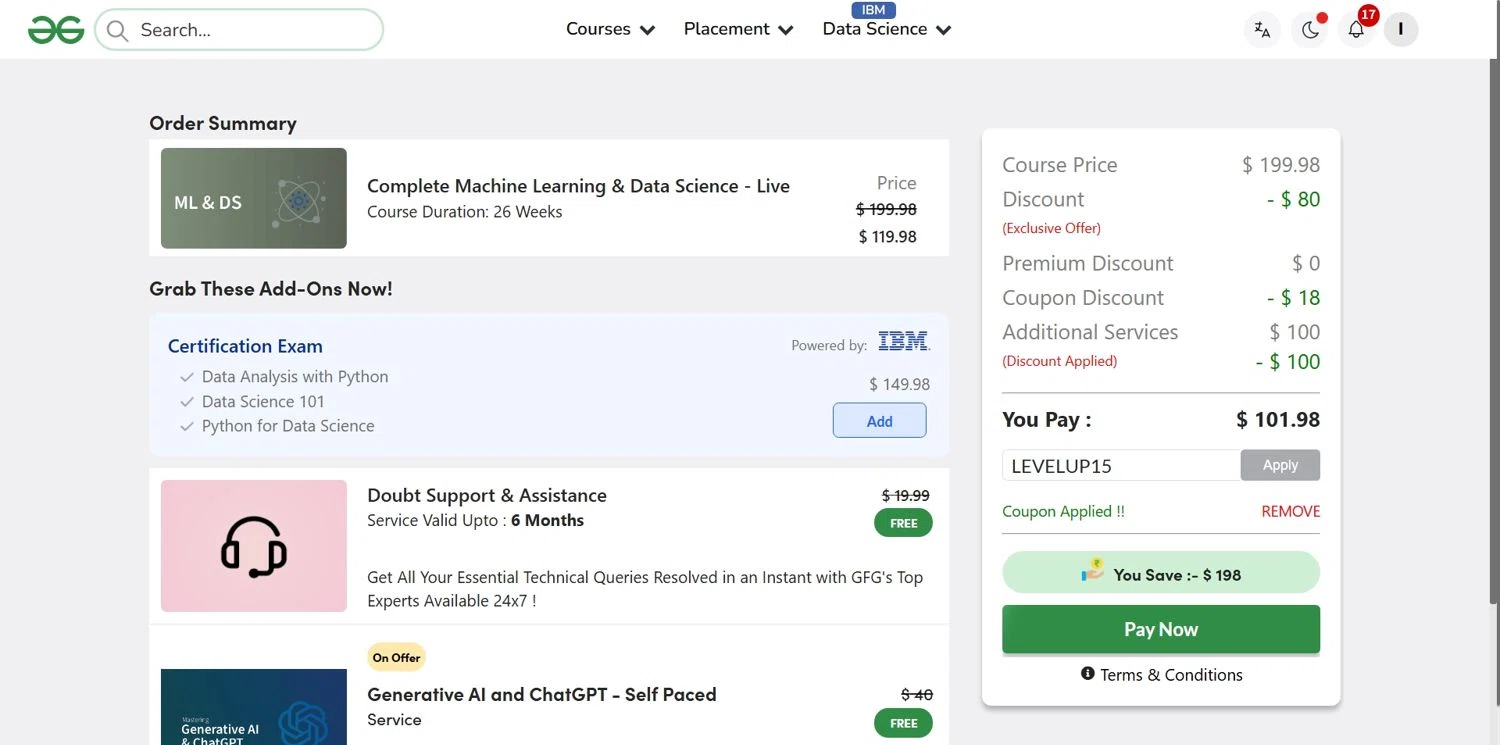 GeeksforGeeks coupon code screenshot showing code LEVELUP15 applied at GeeksforGeeks checkout page. Uploaded by SimplyCodes community member Depressive on Sep 10, 2025