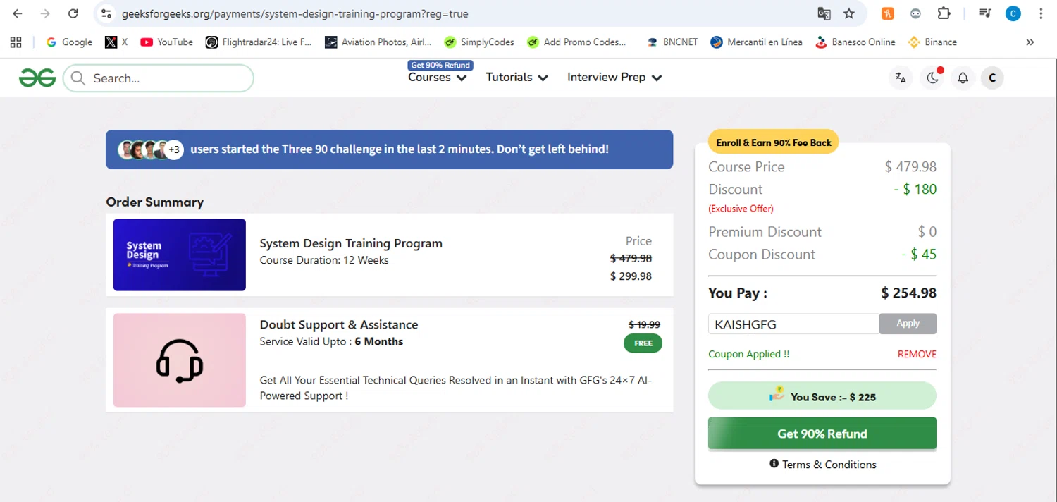 GeeksforGeeks coupon code screenshot showing code KAISHGFG applied at GeeksforGeeks checkout page. Uploaded by SimplyCodes community member victor on Jan 23, 2026