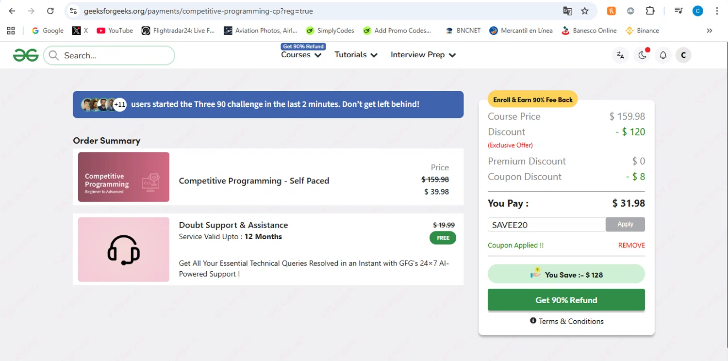 GeeksforGeeks coupon code screenshot showing code SAVEE20 applied at GeeksforGeeks checkout page. Uploaded by SimplyCodes community member victor on Jan 22, 2026