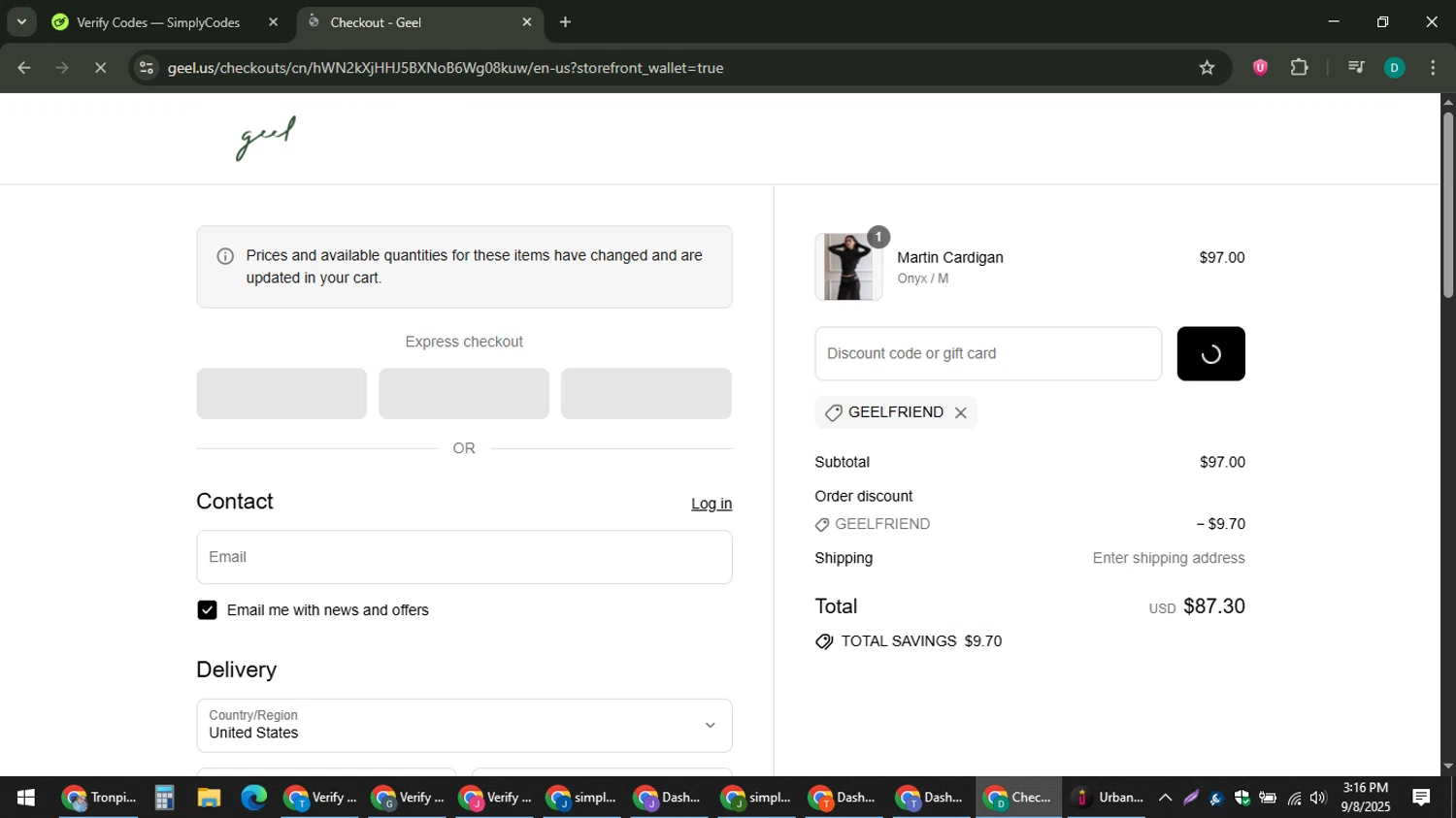 GEEL US discount code screenshot showing code GEELFRIEND applied at GEEL US checkout page. Uploaded by SimplyCodes community member ThriftyLion6776 on Sep 8, 2025