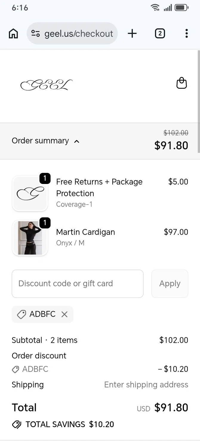 GEEL US discount code screenshot showing code ADBFC applied at GEEL US checkout page. Uploaded by SimplyCodes community member franksanchez on Feb 20, 2026