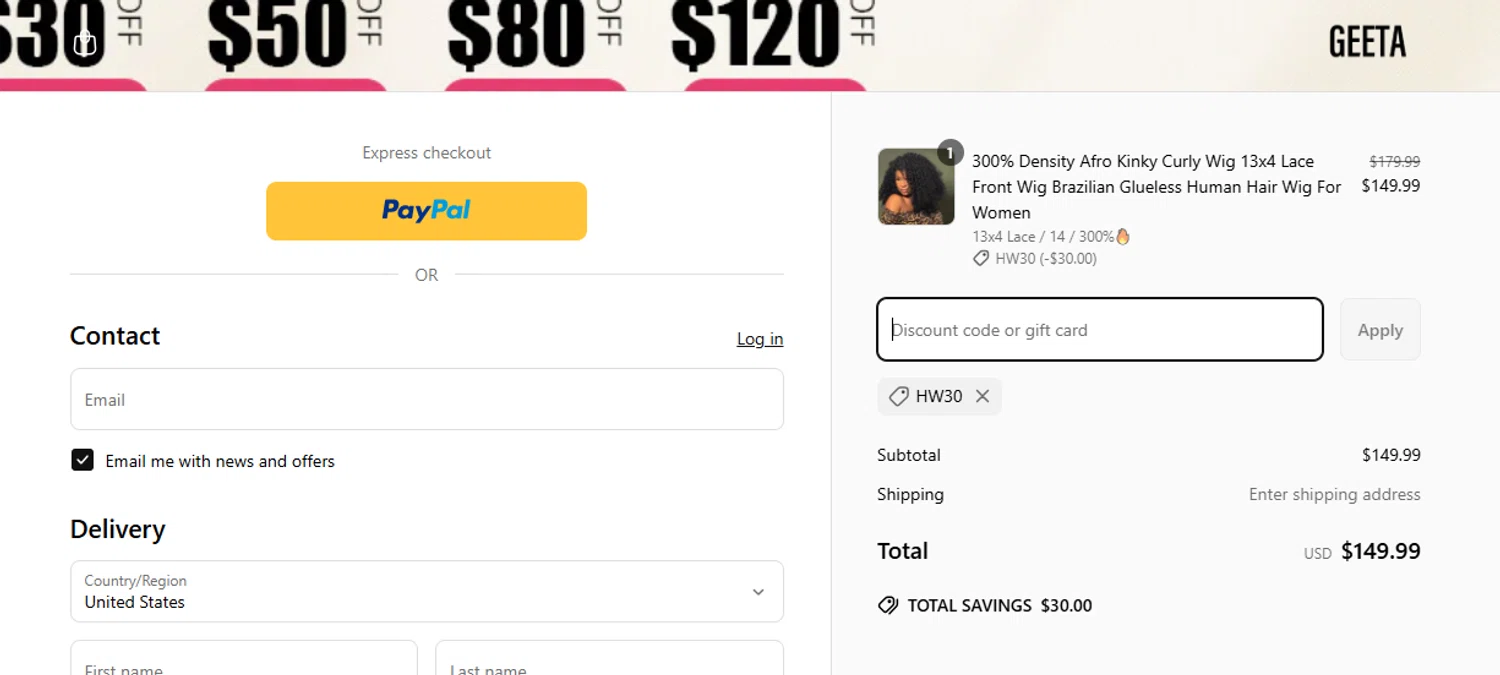 Geeta Hair discount code screenshot showing code HW30 applied at Geeta Hair checkout page. Uploaded by SimplyCodes community member WonderWarden594 on Apr 16, 2025