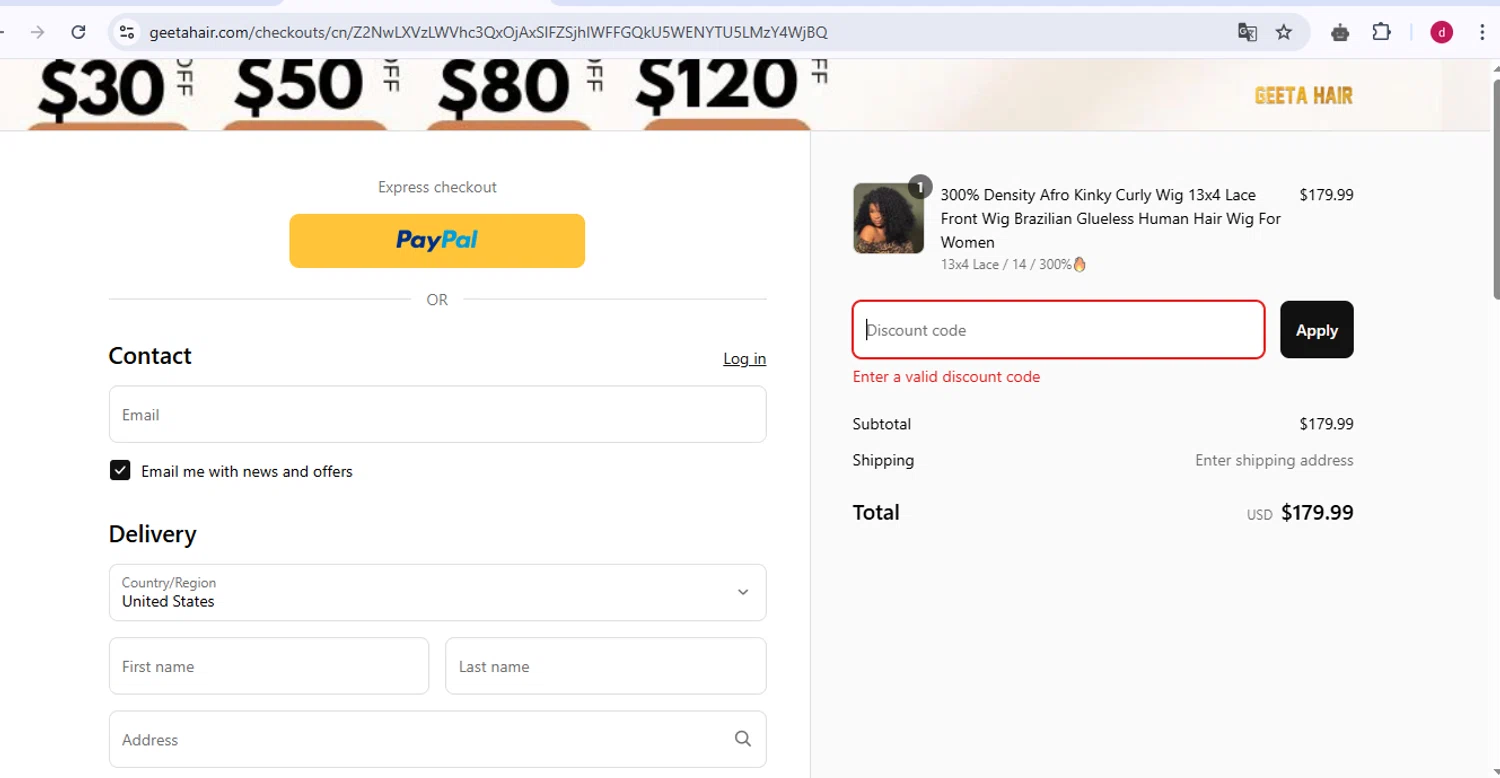 Geeta Hair discount code screenshot showing code HW30 applied at Geeta Hair checkout page. Uploaded by SimplyCodes community member CleverNavigator9655 on Apr 3, 2025