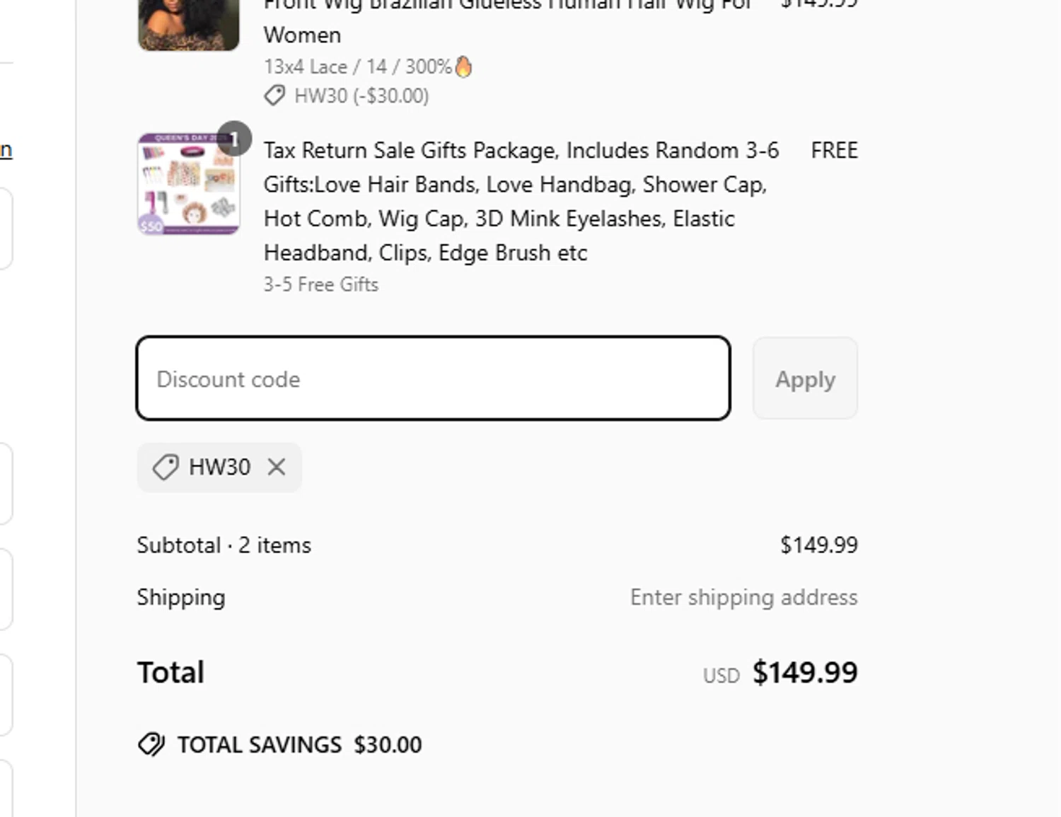 Geeta Hair discount code screenshot showing code HW30 applied at Geeta Hair checkout page. Uploaded by SimplyCodes community member SilverMonarch6357 on Apr 3, 2025