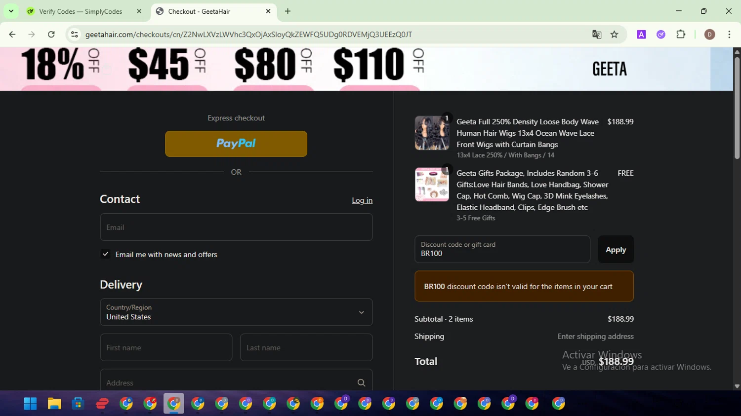 Geeta Hair discount code screenshot showing code BR100 applied at Geeta Hair checkout page. Uploaded by SimplyCodes community member NobleWarden6764 on Jul 1, 2025