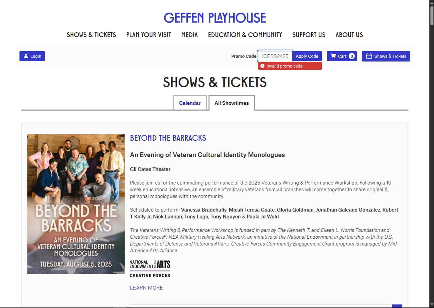 Geffen Playhouse promo code screenshot showing code ACCESS2425 applied at Geffen Playhouse checkout page. Uploaded by SimplyCodes community member BargainSaver8204 on Jul 30, 2025