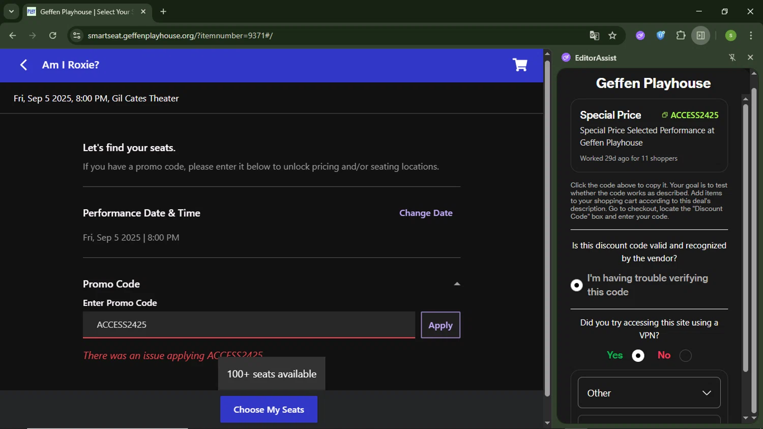 Geffen Playhouse promo code screenshot showing code ACCESS2425 applied at Geffen Playhouse checkout page. Uploaded by SimplyCodes community member GoldPro6514 on Jul 30, 2025
