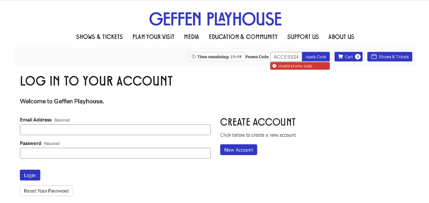 Geffen Playhouse promo code screenshot showing code ACCESS2425 applied at Geffen Playhouse checkout page. Uploaded by SimplyCodes community member MoneyHunter5624 on Jul 30, 2025