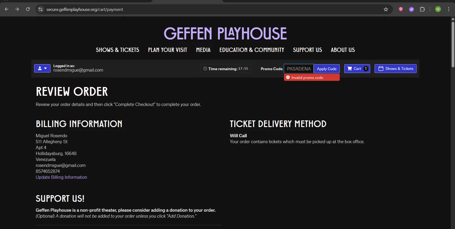 Geffen Playhouse promo code screenshot showing code PASADENA applied at Geffen Playhouse checkout page. Uploaded by SimplyCodes community member ScanHunter7116 on Jul 25, 2025