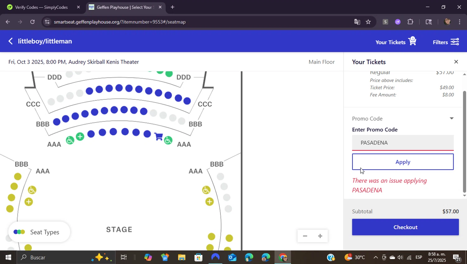 Geffen Playhouse promo code screenshot showing code PASADENA applied at Geffen Playhouse checkout page. Uploaded by SimplyCodes community member ShieldEagle9436 on Jul 25, 2025