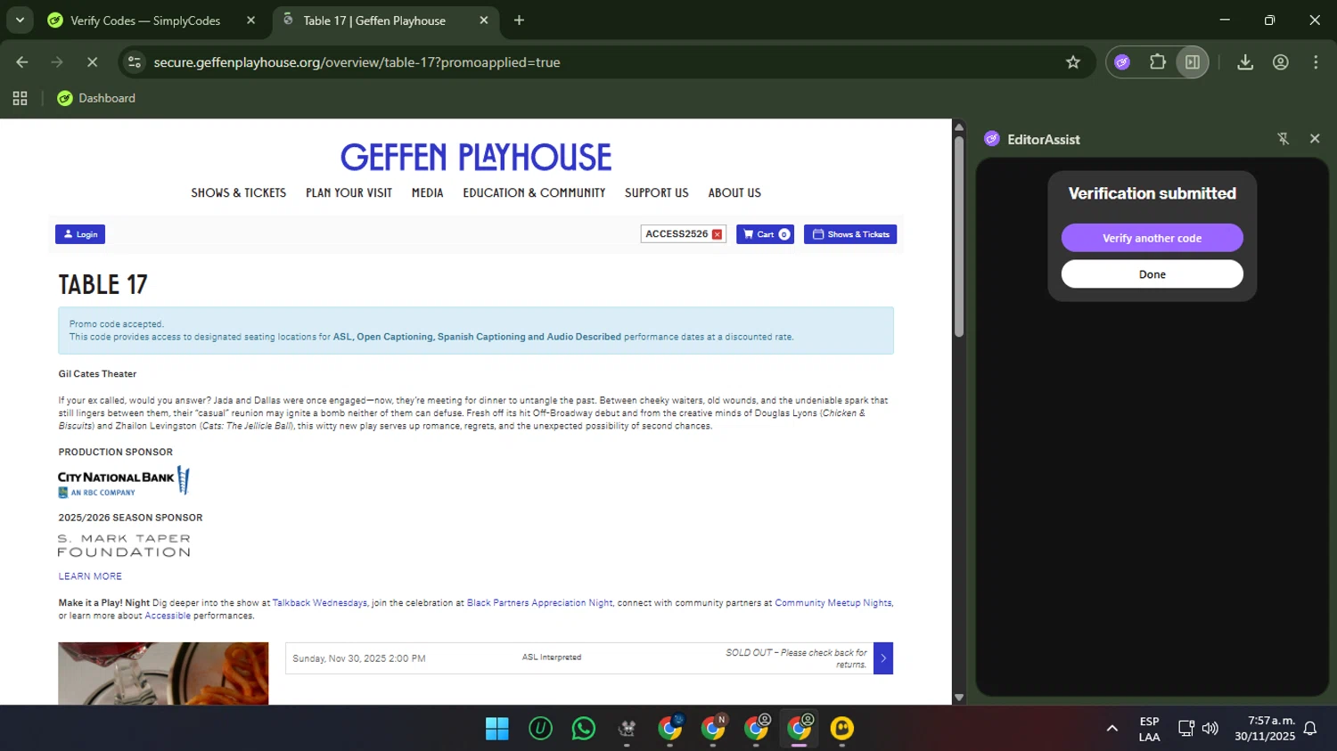 Geffen Playhouse promo code screenshot showing code ACCESS2526 applied at Geffen Playhouse checkout page. Uploaded by SimplyCodes community member Sungjinwoo on Nov 30, 2025