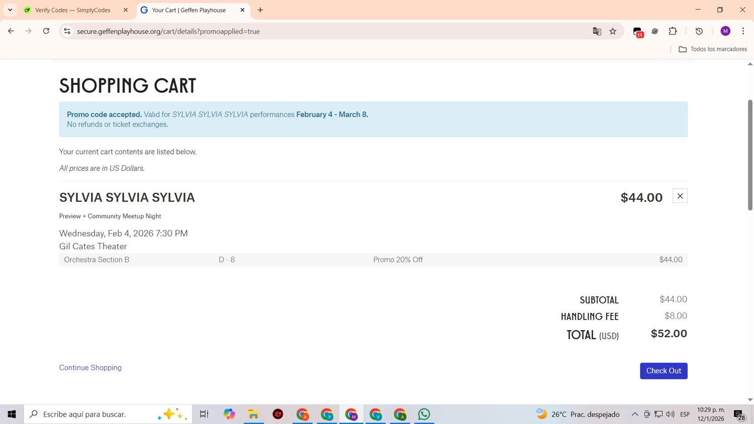 Geffen Playhouse checkout page showing Geffen Playhouse promo code box | Screenshot taken by SimplyCodes community member on Jan 13, 2026