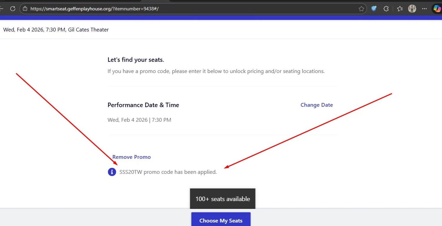 Geffen Playhouse promo code screenshot showing code SSS20TW applied at Geffen Playhouse checkout page. Uploaded by SimplyCodes community member HonestVzla on Jan 13, 2026
