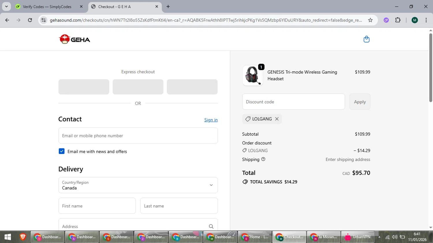 GEHA promo code screenshot showing code LOLGANG applied at GEHA checkout page. Uploaded by SimplyCodes community member suieeloves on Jan 11, 2026