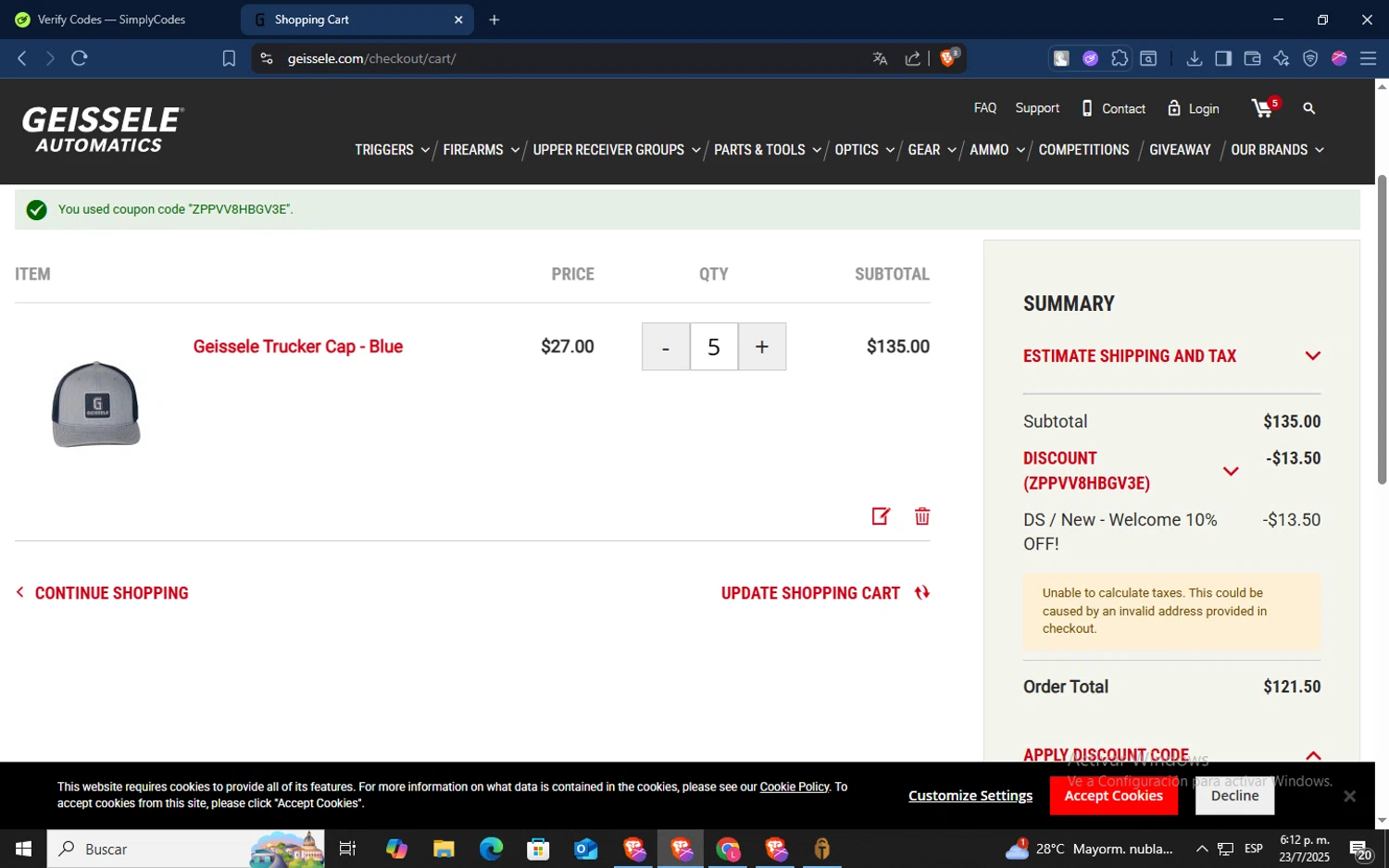 Geissele Automatics discount code screenshot showing code ZPPVV8HBGV3E applied at Geissele Automatics checkout page. Uploaded by SimplyCodes community member TokenSaver1205 on Jul 23, 2025