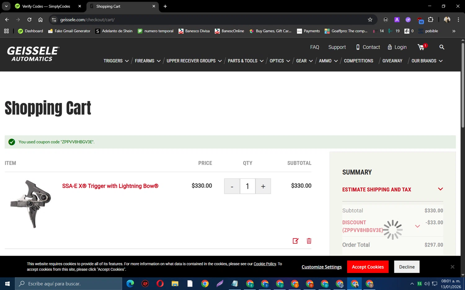 Geissele Automatics checkout page showing Geissele Automatics discount code box | Screenshot taken by SimplyCodes community member on Jan 13, 2026