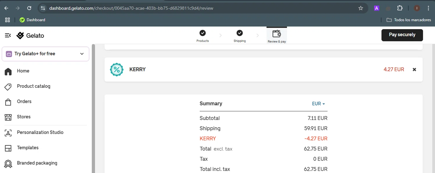Gelato discount code screenshot showing code KERRY applied at Gelato checkout page. Uploaded by SimplyCodes community member OhmaTokita on Apr 18, 2025