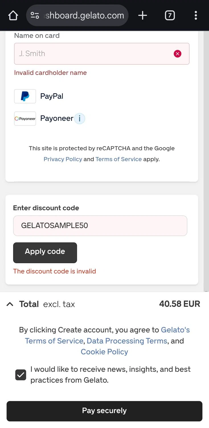 Gelato discount code screenshot showing code GELATOSAMPLE50 applied at Gelato checkout page. Uploaded by SimplyCodes community member CleverLynx5188 on Oct 6, 2025