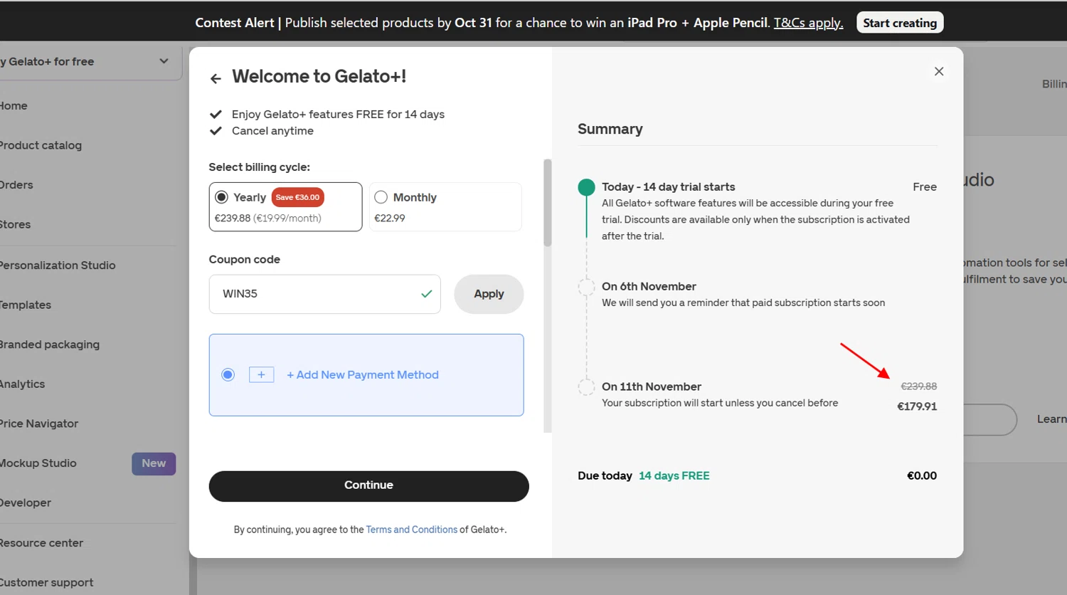 Gelato discount code screenshot showing code WIN35 applied at Gelato checkout page. Uploaded by SimplyCodes community member berdetweet on Oct 27, 2025