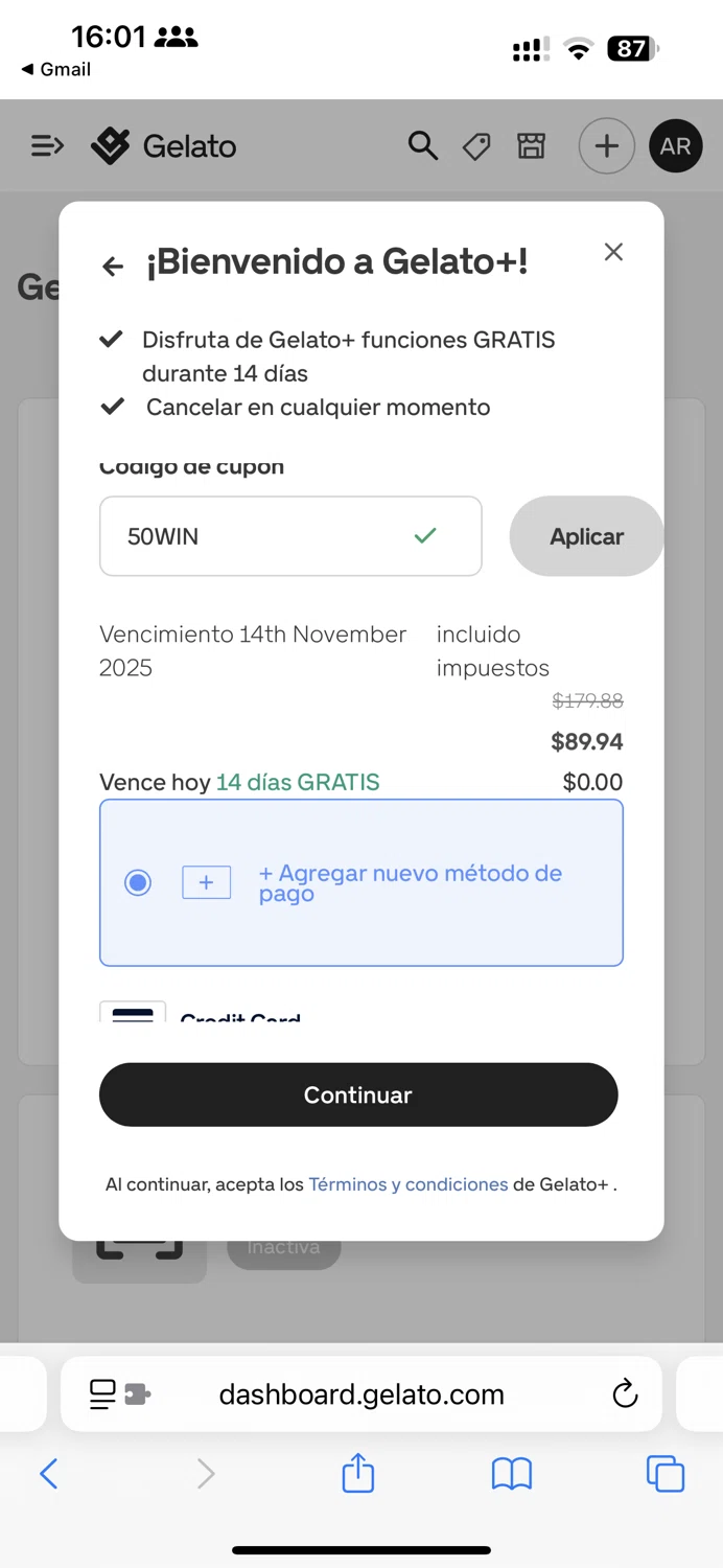 Gelato checkout page showing Gelato discount code box | Screenshot taken by SimplyCodes community member on Oct 31, 2025