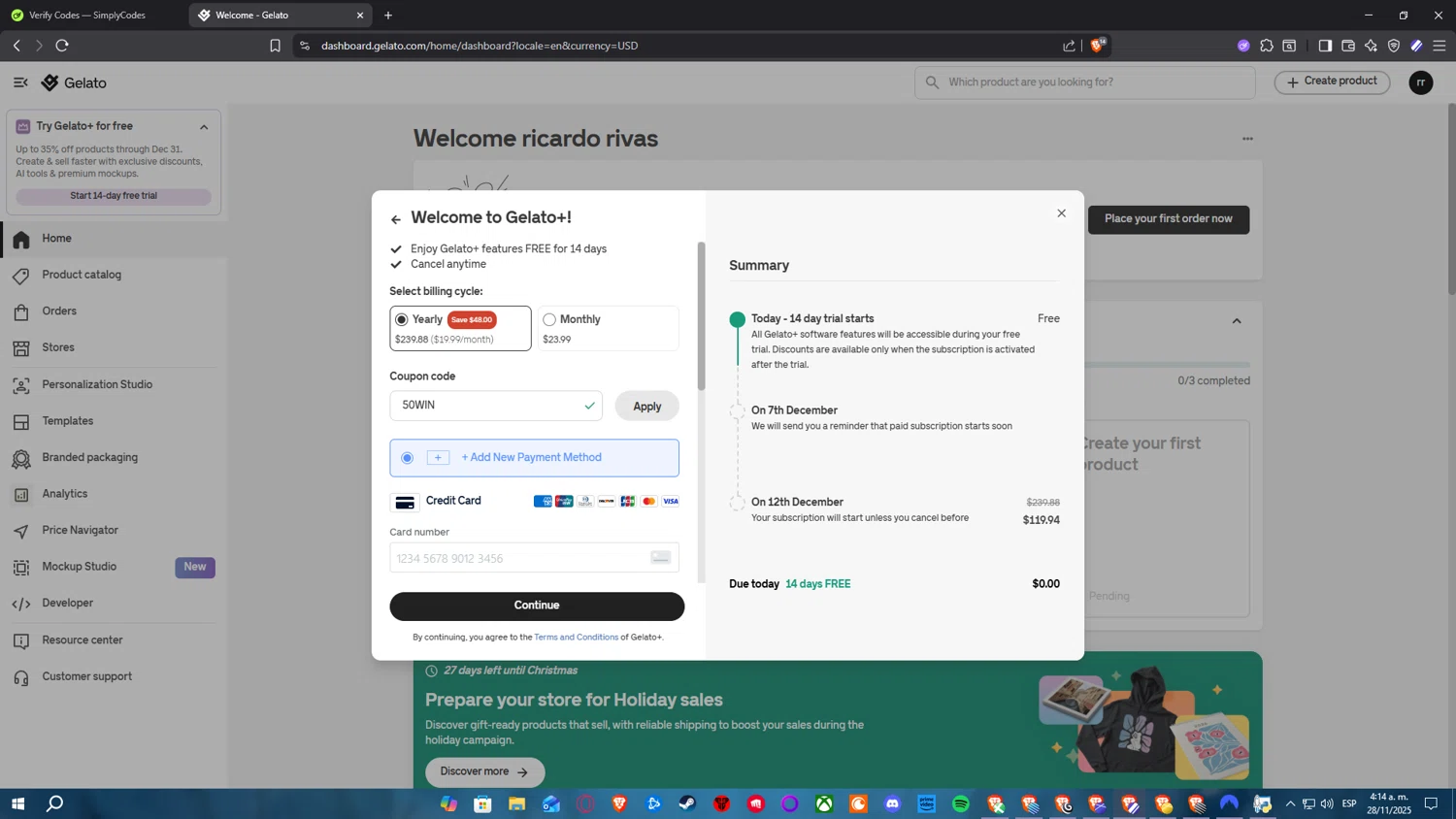 Gelato discount code screenshot showing code 50WIN applied at Gelato checkout page. Uploaded by SimplyCodes community member ElPelao on Nov 28, 2025