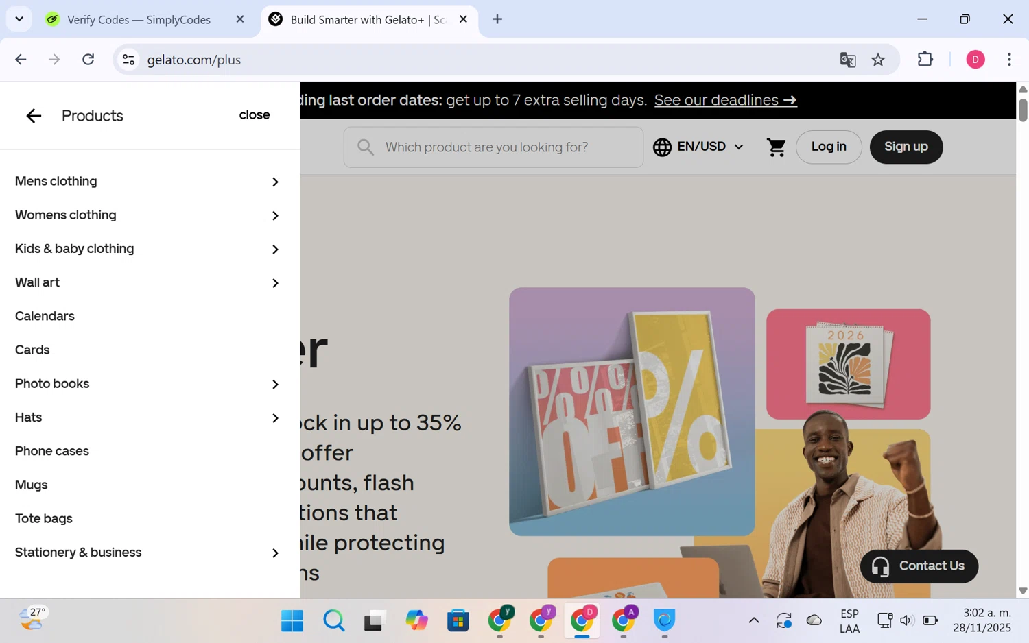 Gelato discount code screenshot showing code 50WIN applied at Gelato checkout page. Uploaded by SimplyCodes community member LuckyHero4650 on Nov 28, 2025