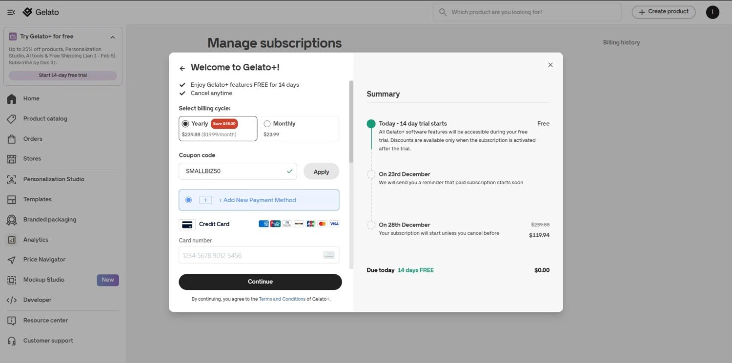 Gelato discount code screenshot showing code SMALLBIZ50 applied at Gelato checkout page. Uploaded by SimplyCodes community member Depressive on Dec 14, 2025