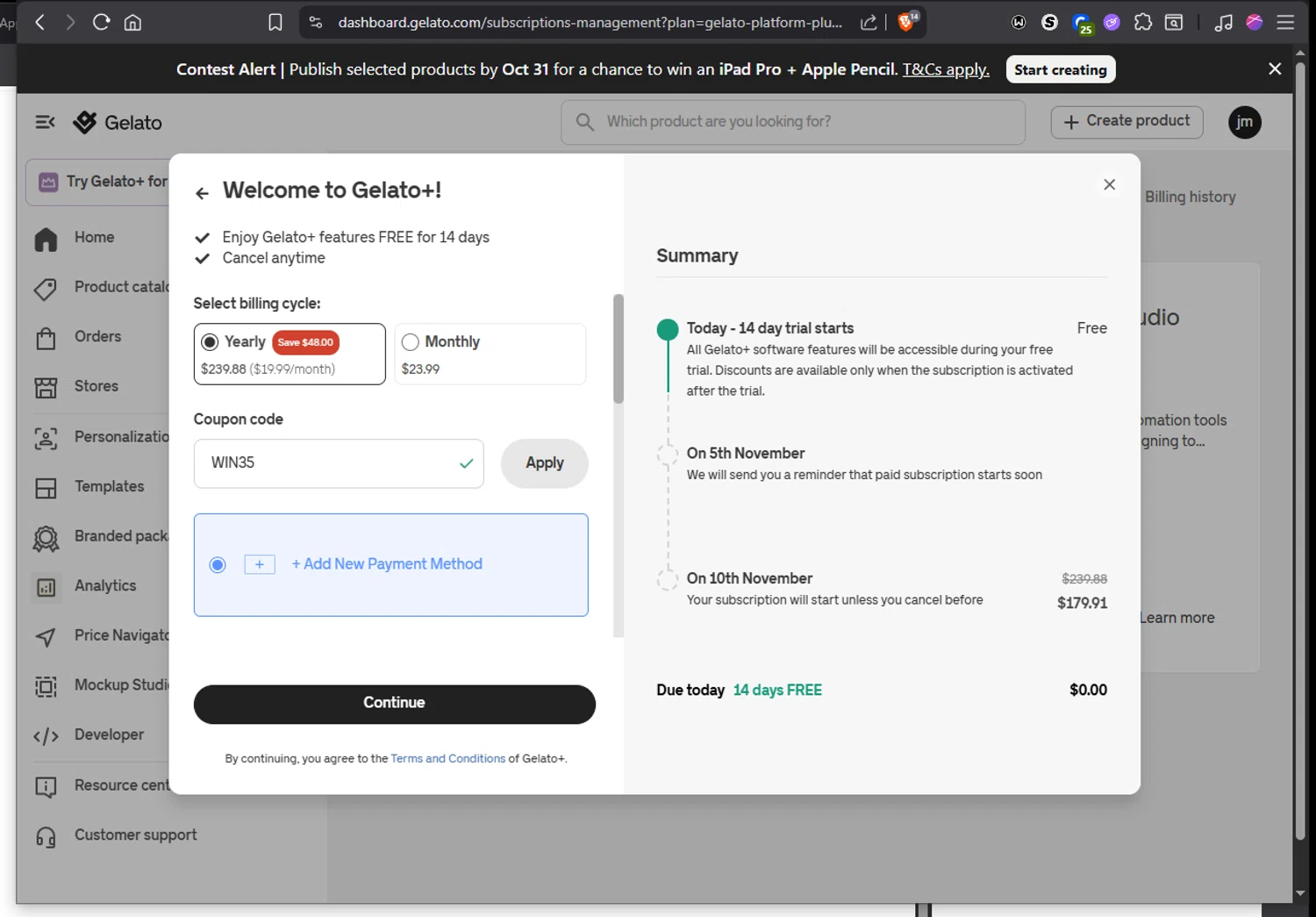 Gelato discount code screenshot showing code WIN35 applied at Gelato checkout page. Uploaded by SimplyCodes community member Jmhernand1 on Oct 27, 2025