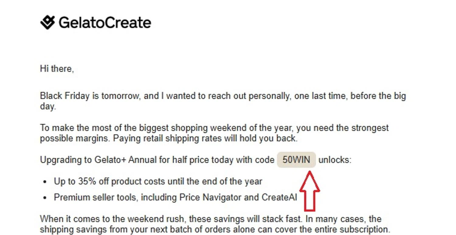 Gelato discount code screenshot showing code 50WIN applied at Gelato checkout page. Uploaded by SimplyCodes community member choice on Nov 28, 2025