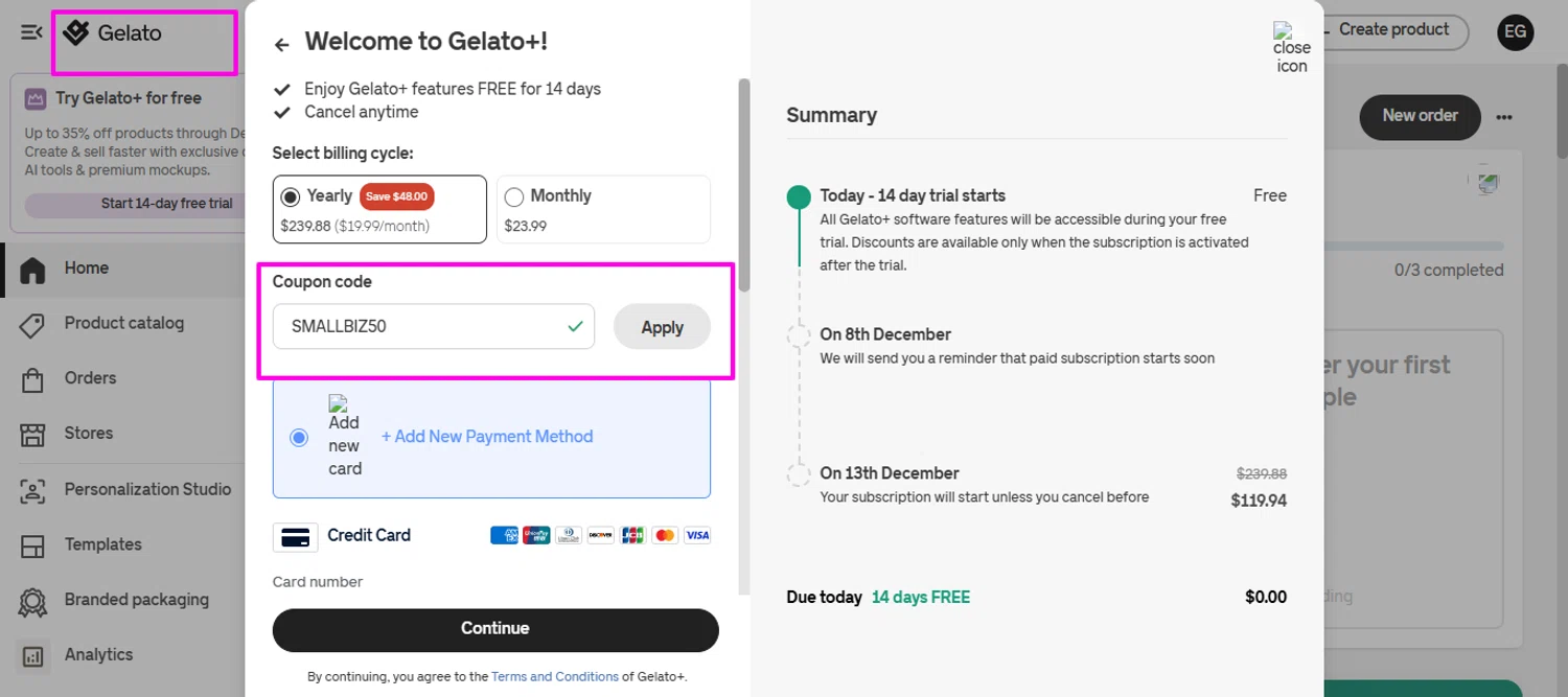 Gelato discount code screenshot showing code SMALLBIZ50 applied at Gelato checkout page. Uploaded by SimplyCodes community member mrdarcy on Nov 29, 2025