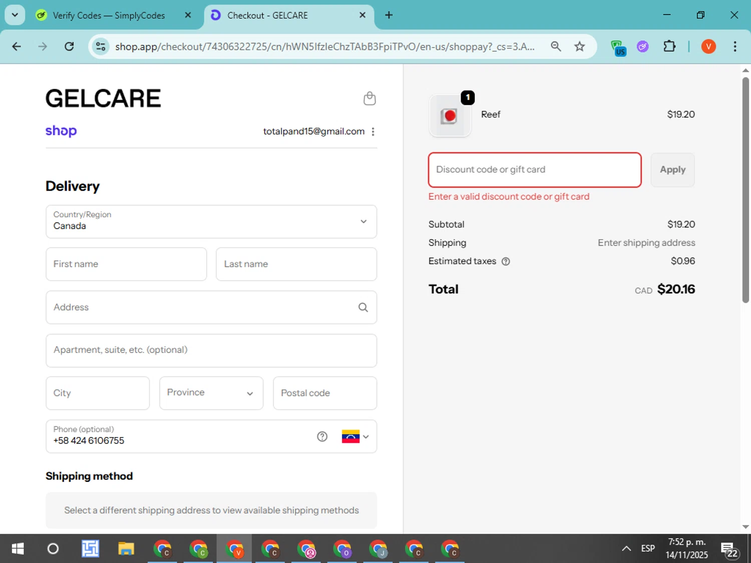 Gelcare promo code screenshot showing code Aiste applied at Gelcare checkout page. Uploaded by SimplyCodes community member CodeMonarch8148 on Nov 14, 2025