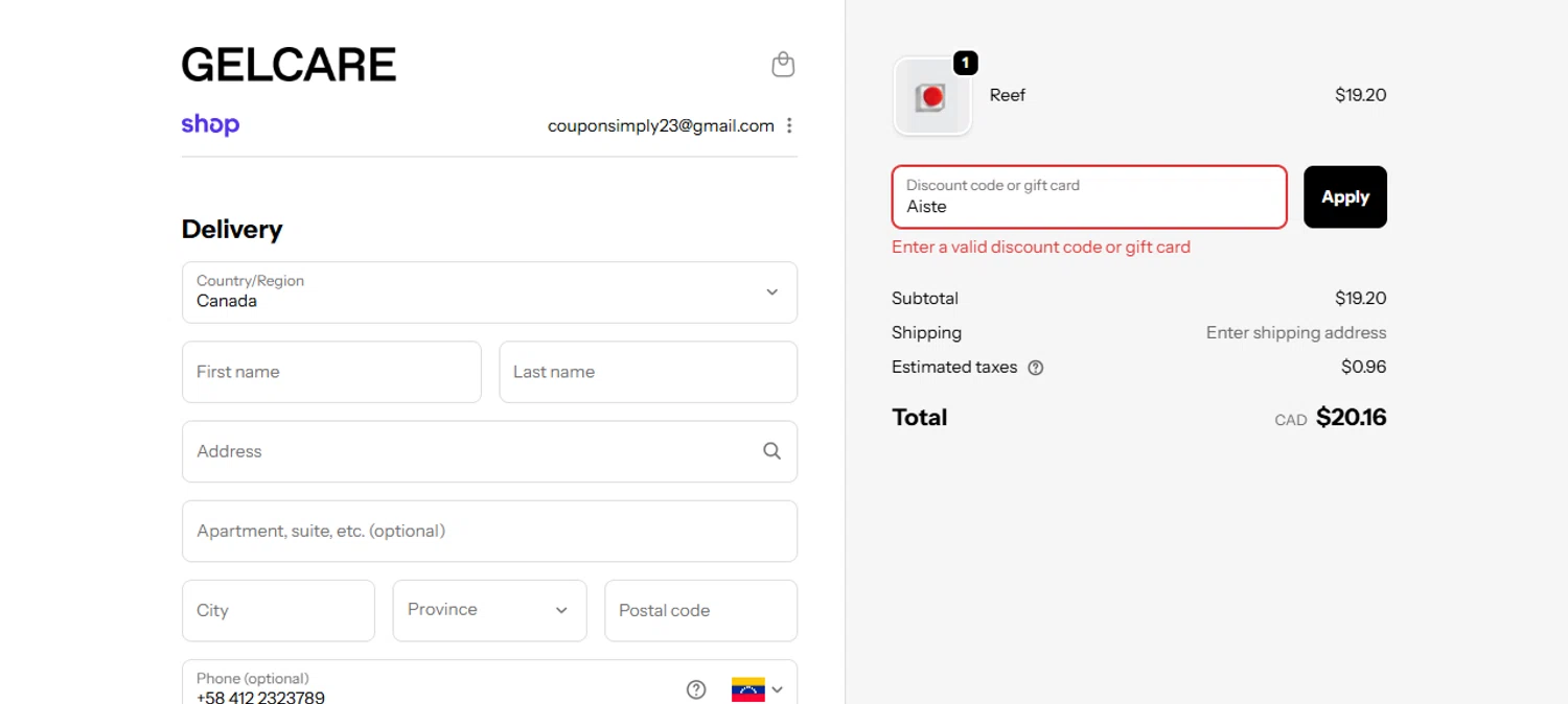 Gelcare promo code screenshot showing code Aiste applied at Gelcare checkout page. Uploaded by SimplyCodes community member Myrulesmagazine23 on Nov 15, 2025