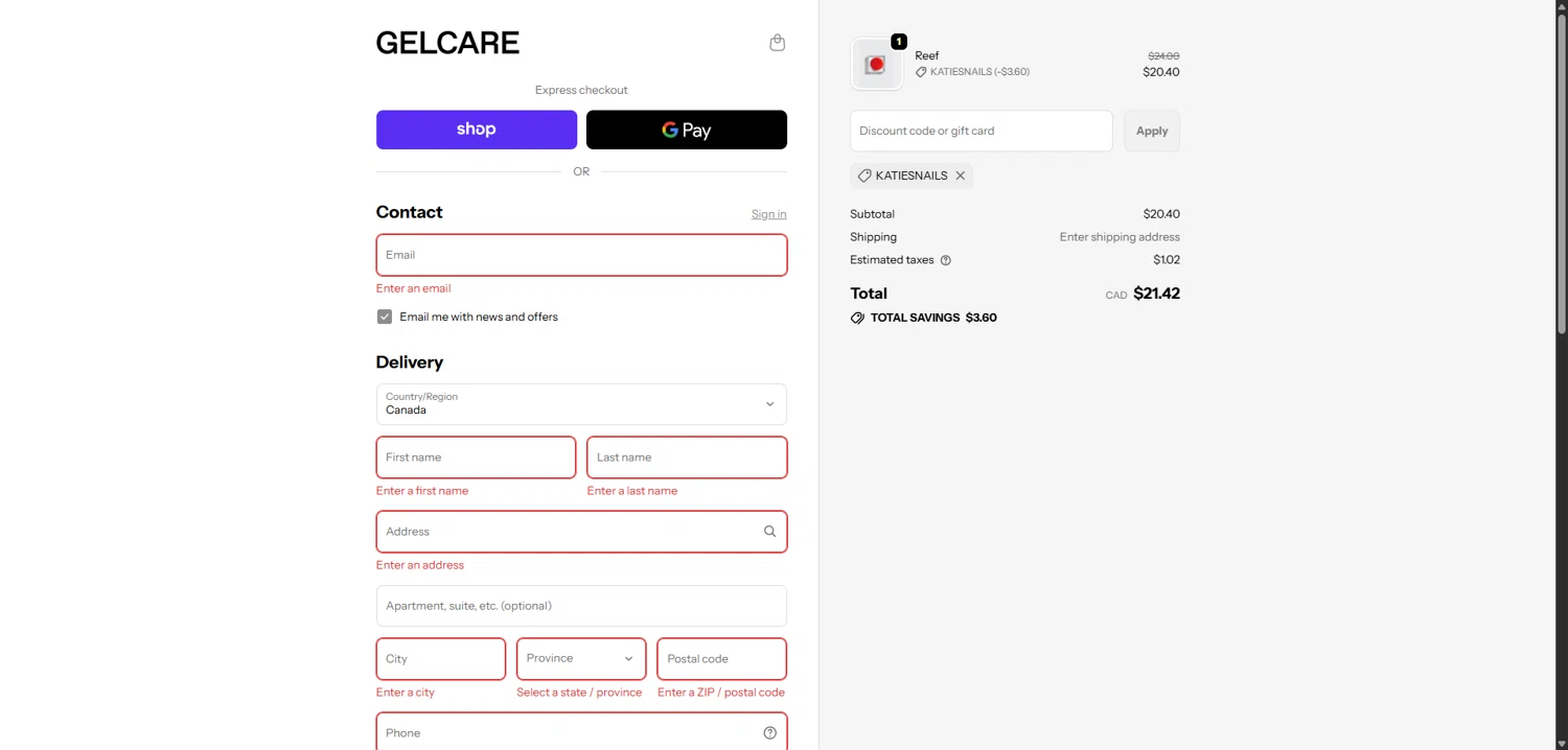 Gelcare promo code screenshot showing code Katiesnails applied at Gelcare checkout page. Uploaded by SimplyCodes community member TokenNavigator3088 on Jan 8, 2026